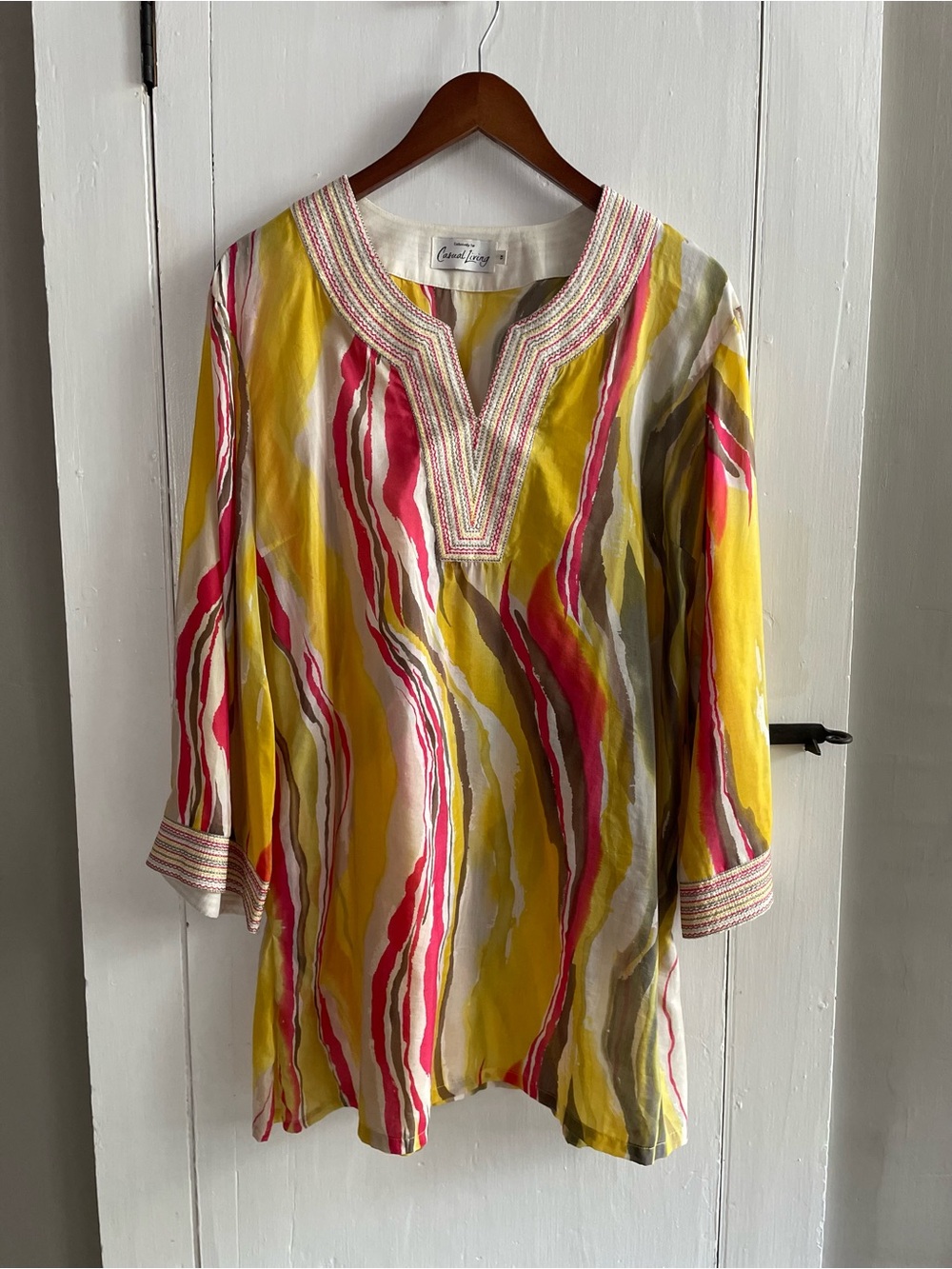Vintage Silk & Cotton Blend Embroidered V-Neck Multicolor Abstract Tunic Size 1X